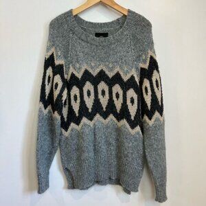 Mos Mosh Women’s Large Mildred Knit Grey Fair Isles Pullover Cozy Sweater Metal